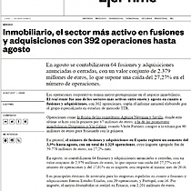 Inmobiliario, el sector ms activo en fusiones y adquisiciones con 392 operaciones hasta agosto